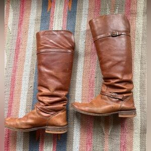 Frye Shirley Tall Rising Boots Brown Leather Buckles Knee High